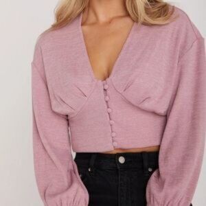 NWT Backyard Roses Mauve Cropped Sweater V-Neck Button Front Size XS
